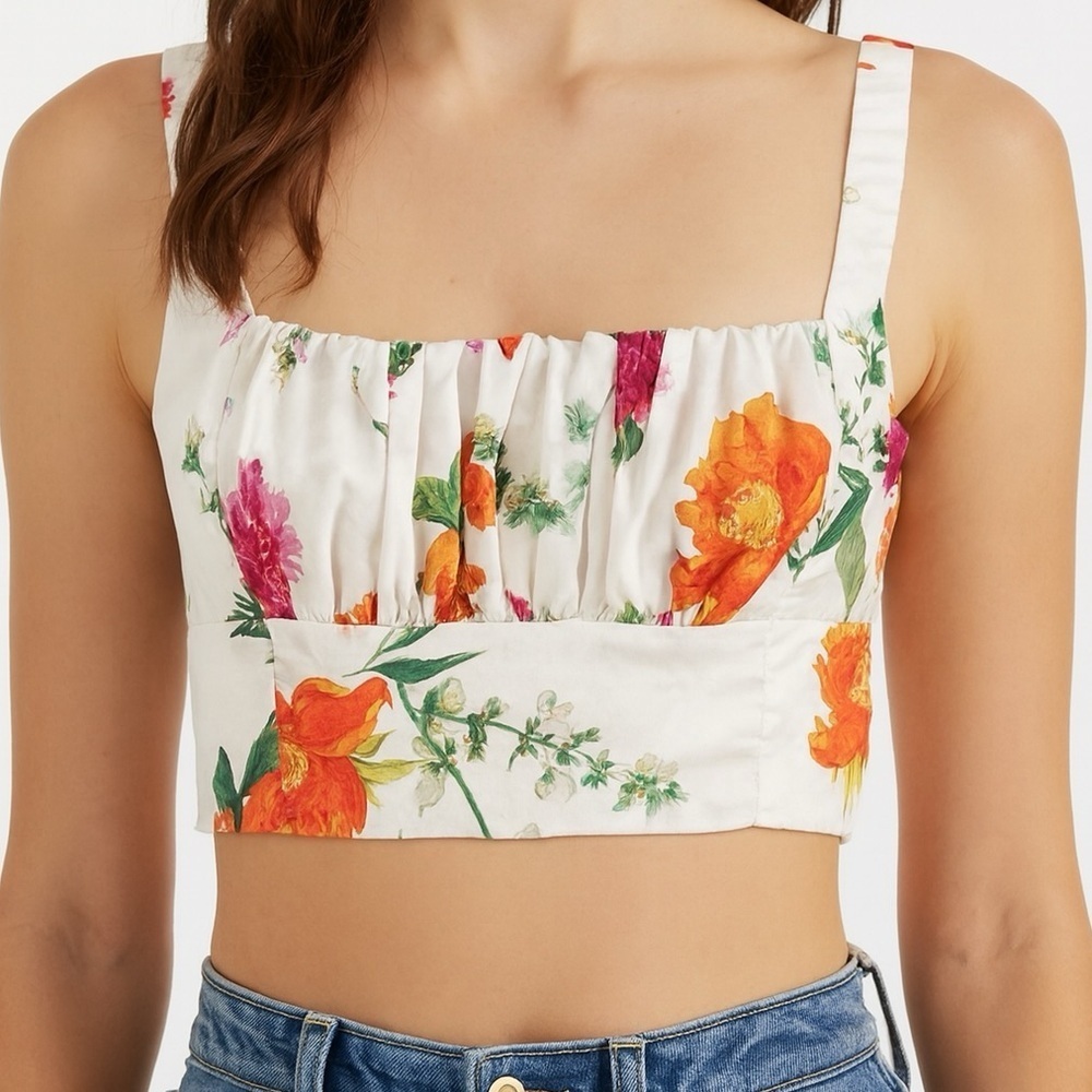Satin Floral Square Neck Ruched Smocked Crop Top Bustier White Size M